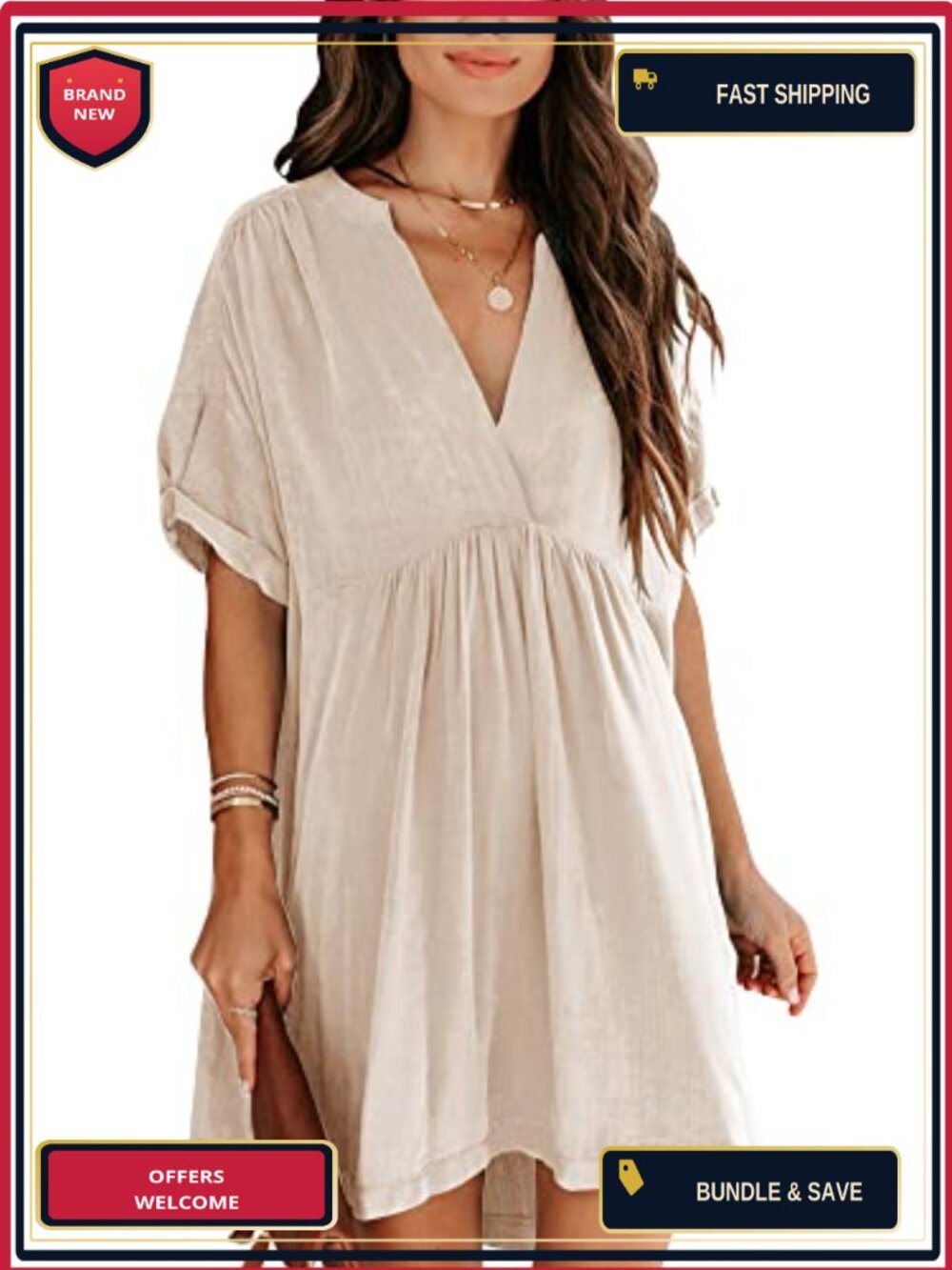 Viscose Tencel Babydoll Short Sleeve V-Neck Tunic Dress Loose Casual